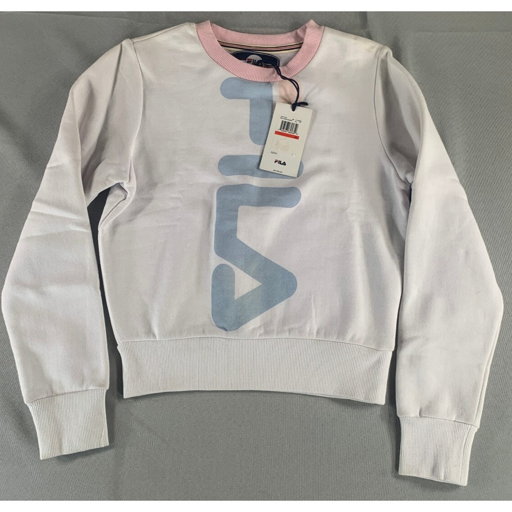 Fila Mona Cropped Sweatshirt White Pink Logo Crewneck Pullover Women's XS NWT